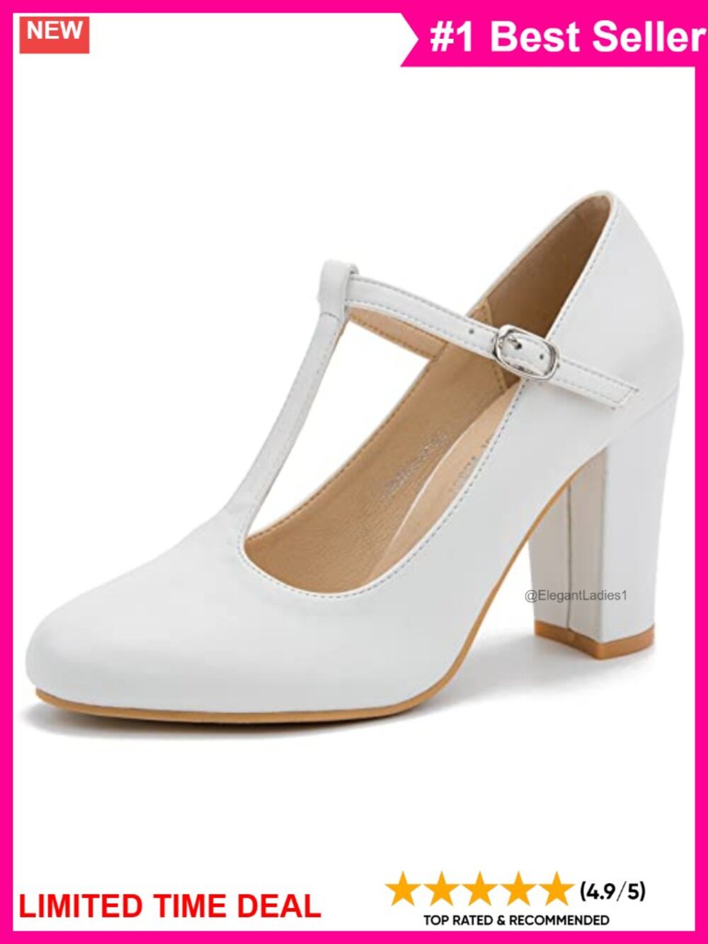 Women's T-Strap Mary Jane Pumps Chunky Heel 3.54 Inch Round Toe Dress Shoes